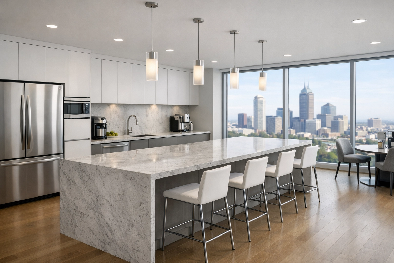 A modern Indianapolis corporate breakroom with clean countertops and a metropolitan skyline view.