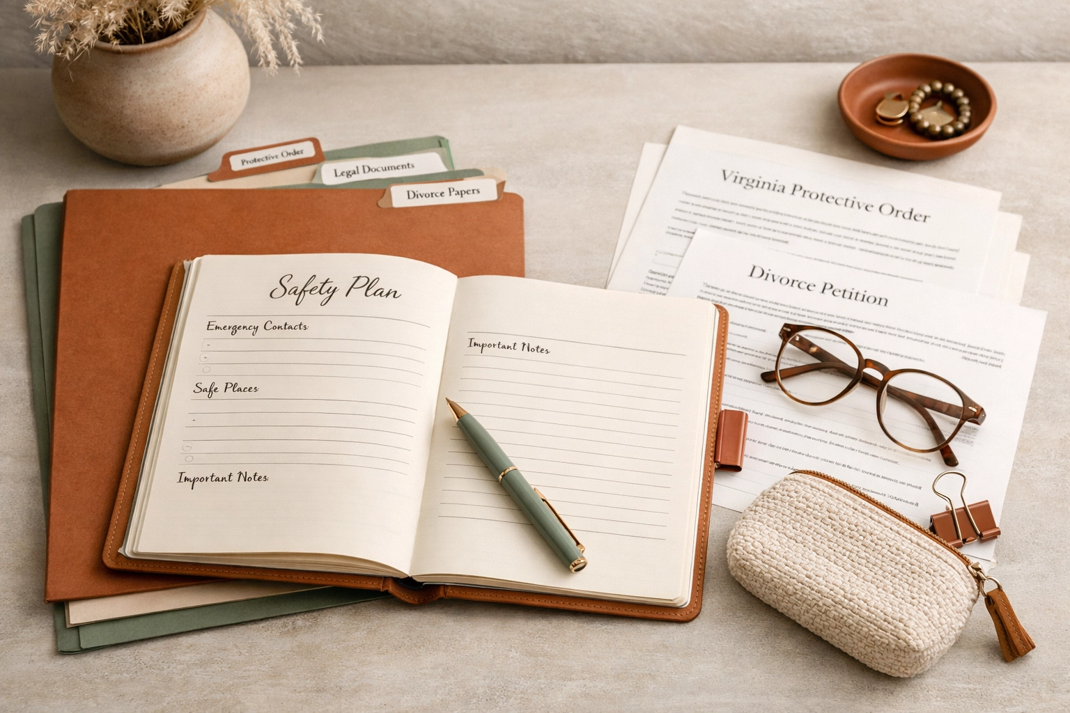 A planner, folders, and organized documents used for safety planning and documenting domestic abuse evidence in Virginia.