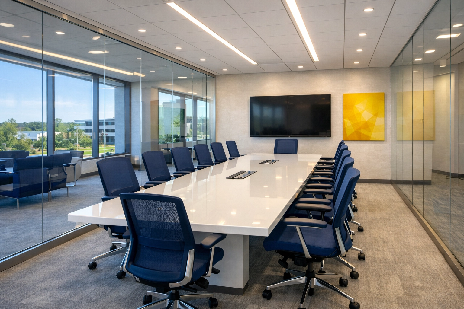 Professionally cleaned glass conference room in Hopkinton ready for a high-stakes business meeting.