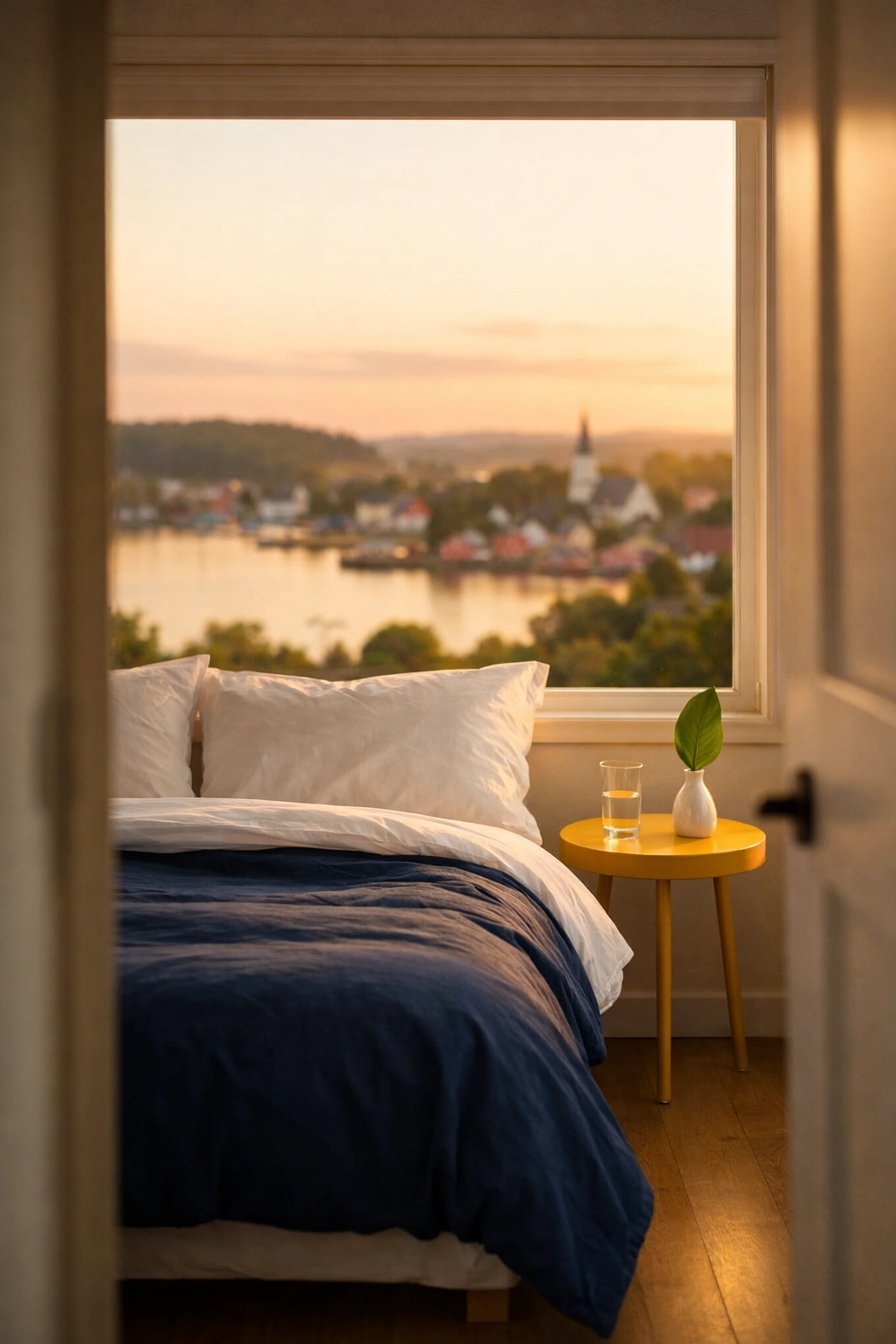 Clean and serene minimalist bedroom in Lunenburg promoting mental clarity and well-being.