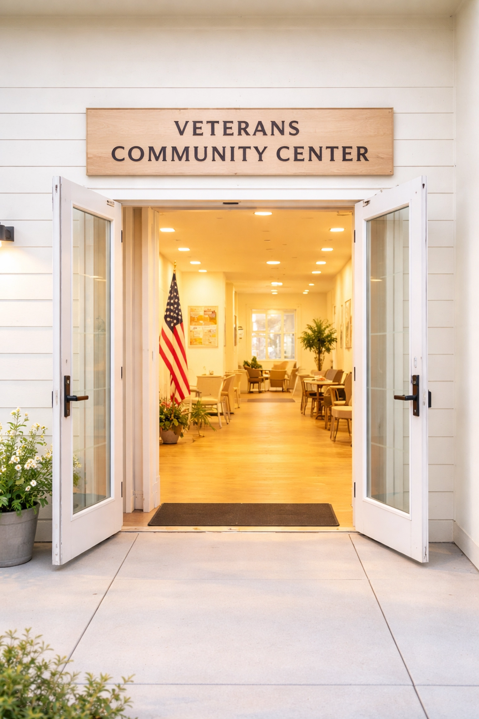 Inviting entrance to a veteran community center with warm light and an American flag, symbolizing belonging