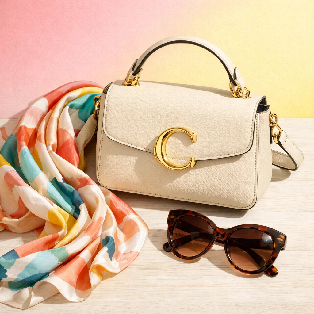 Designer leather handbag and silk scarf showcasing the variety of clothes in our online auctions.