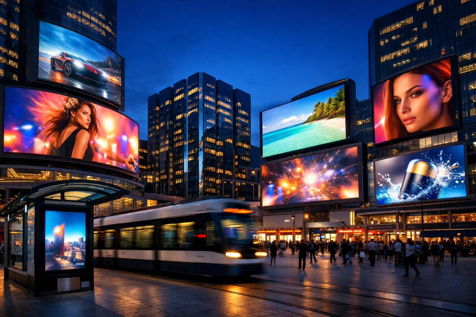 Modern city with digital billboards representing Dakdan Worldwide’s coordinated global advertising media ecosystem.