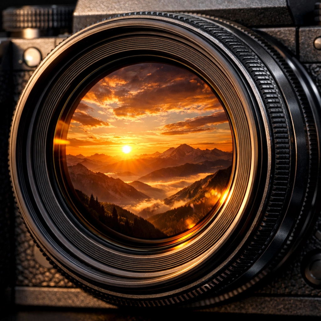Close-up of a professional mirrorless camera lens reflecting a golden hour sunset during a landscape shoot.