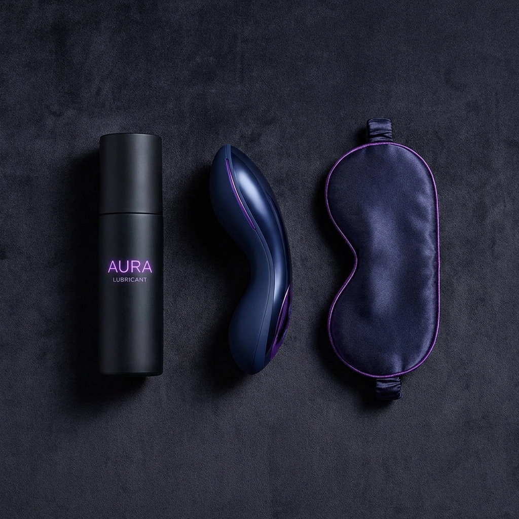 High-end gay sex toys, lubricants, and blindfolds displayed for an enhanced intimate sex experience.