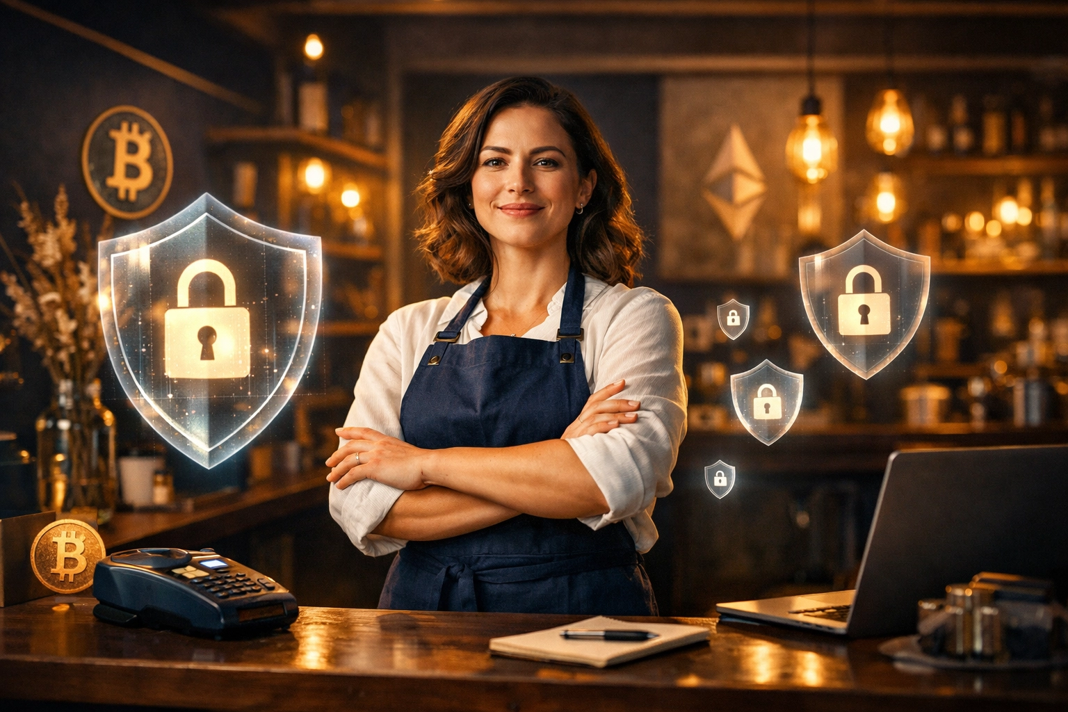 Small business owner with secure self-custody crypto payment solution for merchant independence