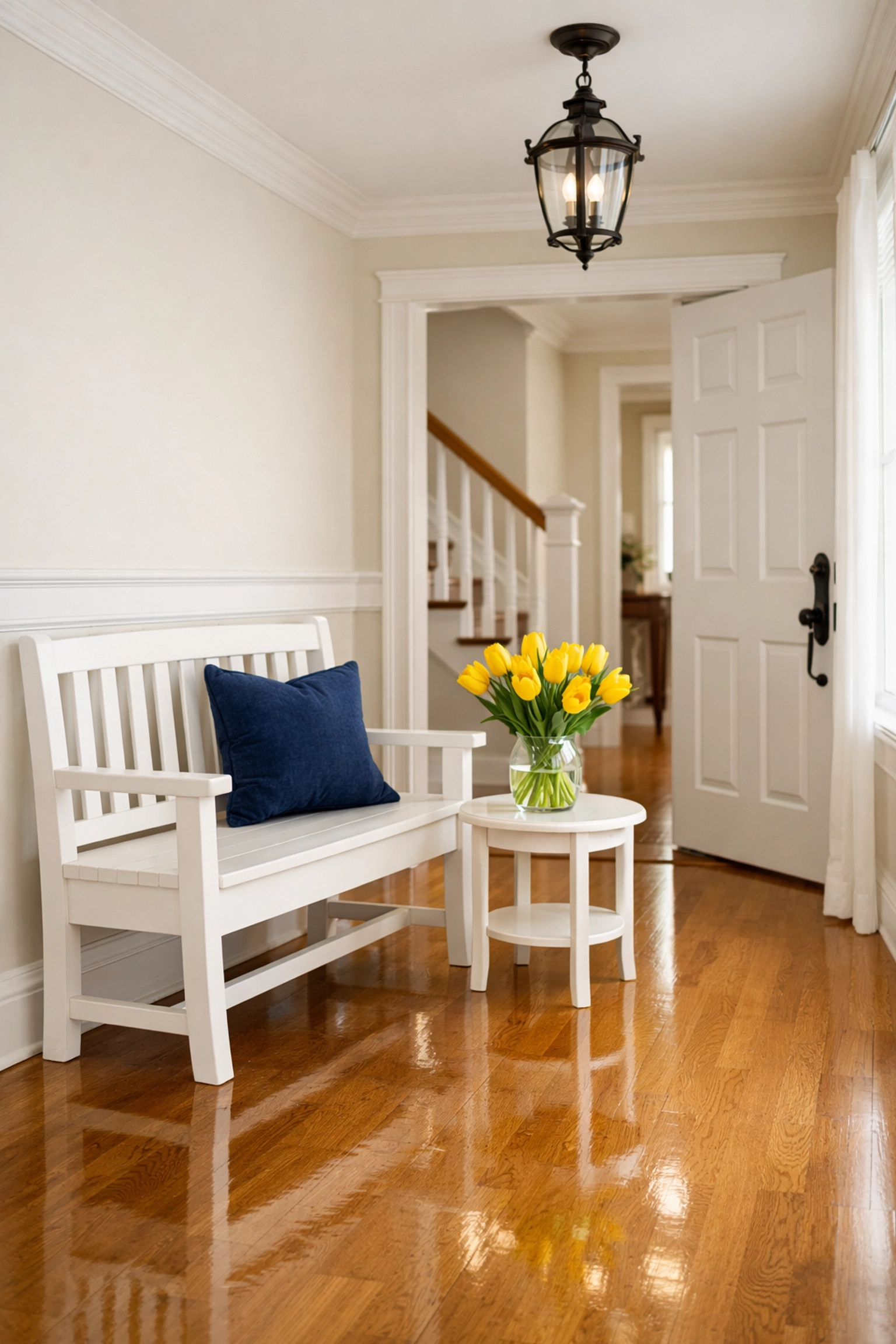 A bright, organized entryway in a Groton home with polished floors, perfectly ready for visitors.