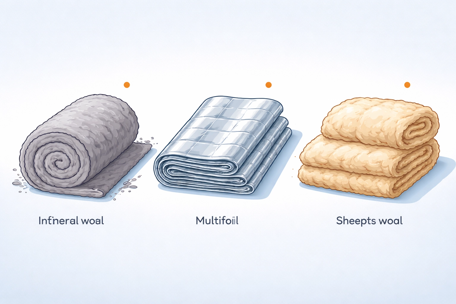 Different types of loft insulation materials including mineral wool, multifoil, and sheep's wool lined up for comparison