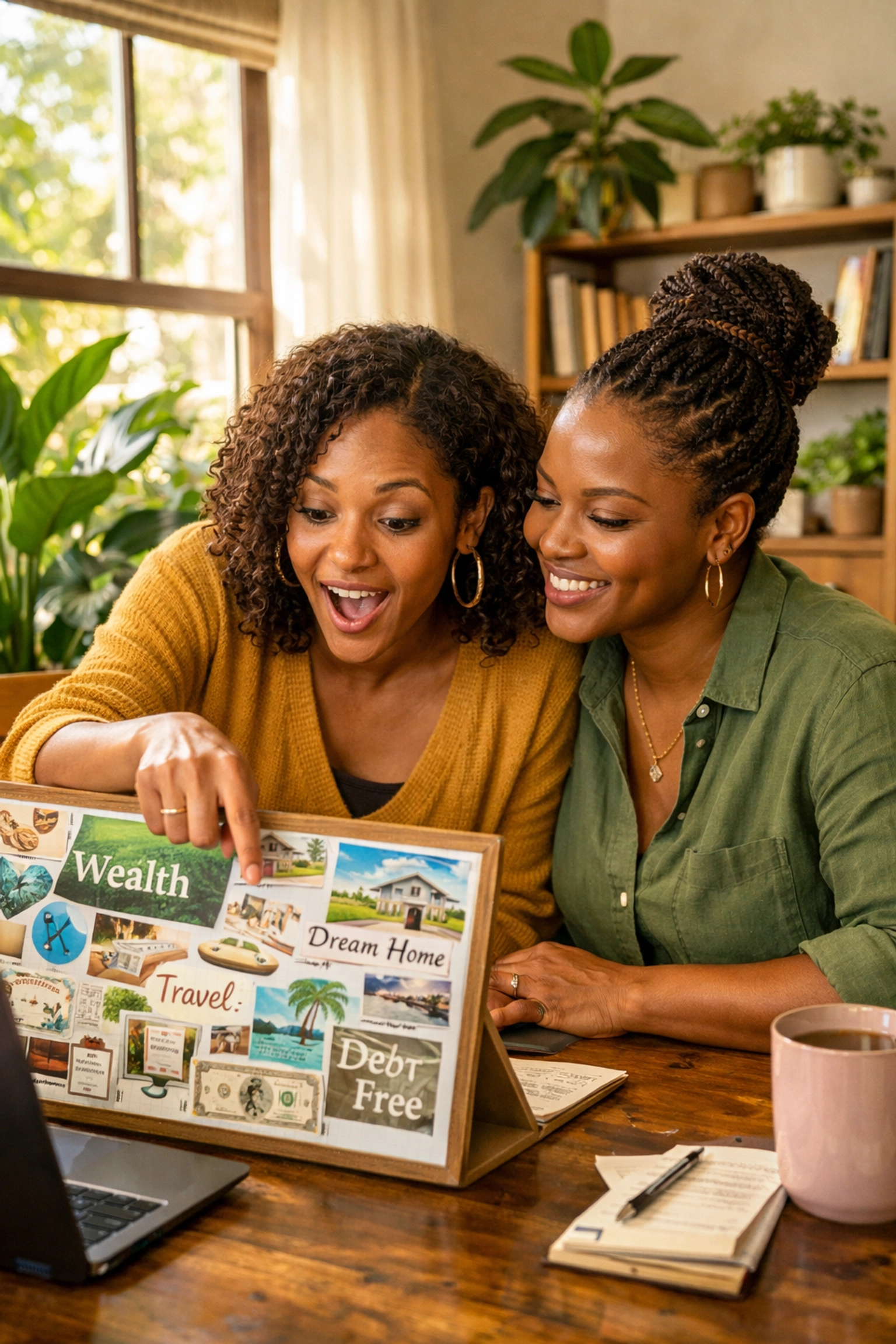 Two Black women in a bright home office collaborating on financial planning for a stable future.