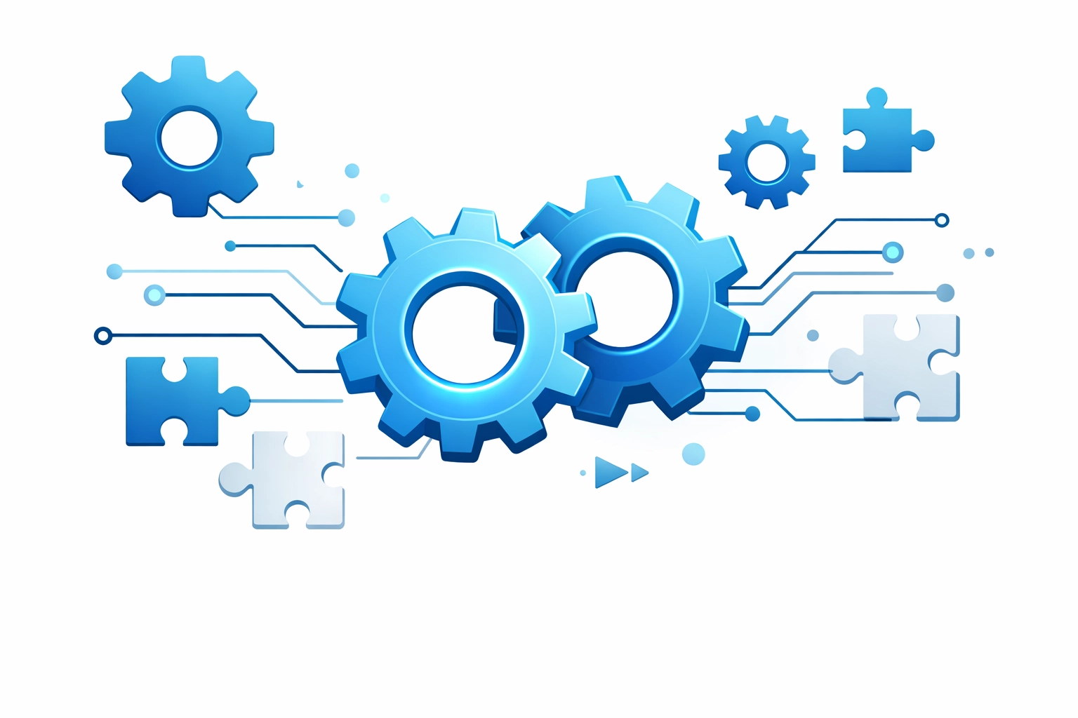 Interlocked geometric gears symbolizing seamless software integration and connected business systems.