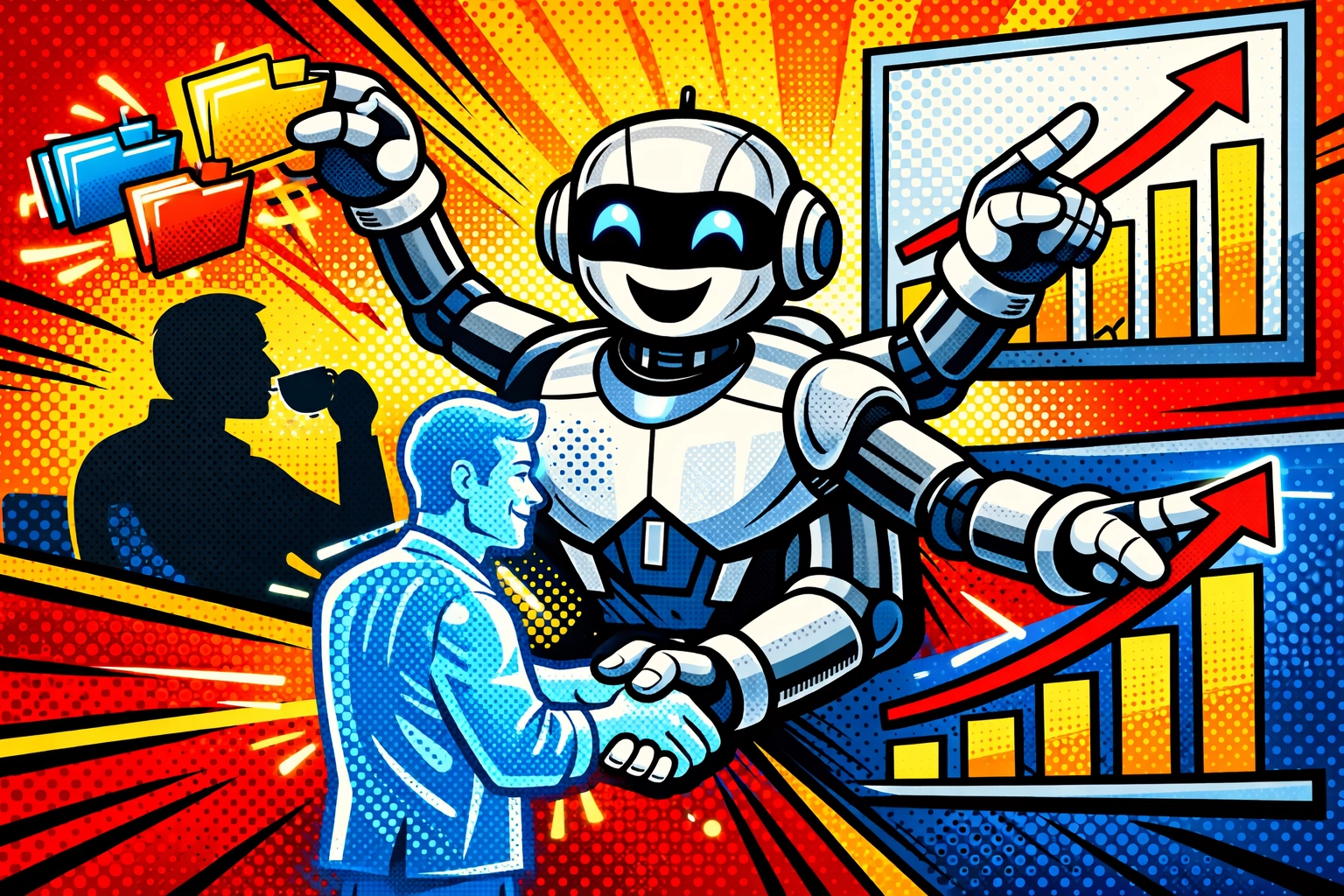 Multitasking AI assistant handling operations while a small business owner drinks coffee.