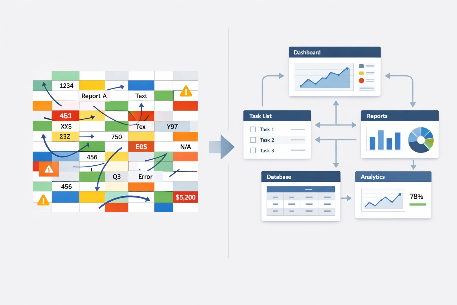 A visual showing messy spreadsheet panels on one side and a streamlined connected system on the other.