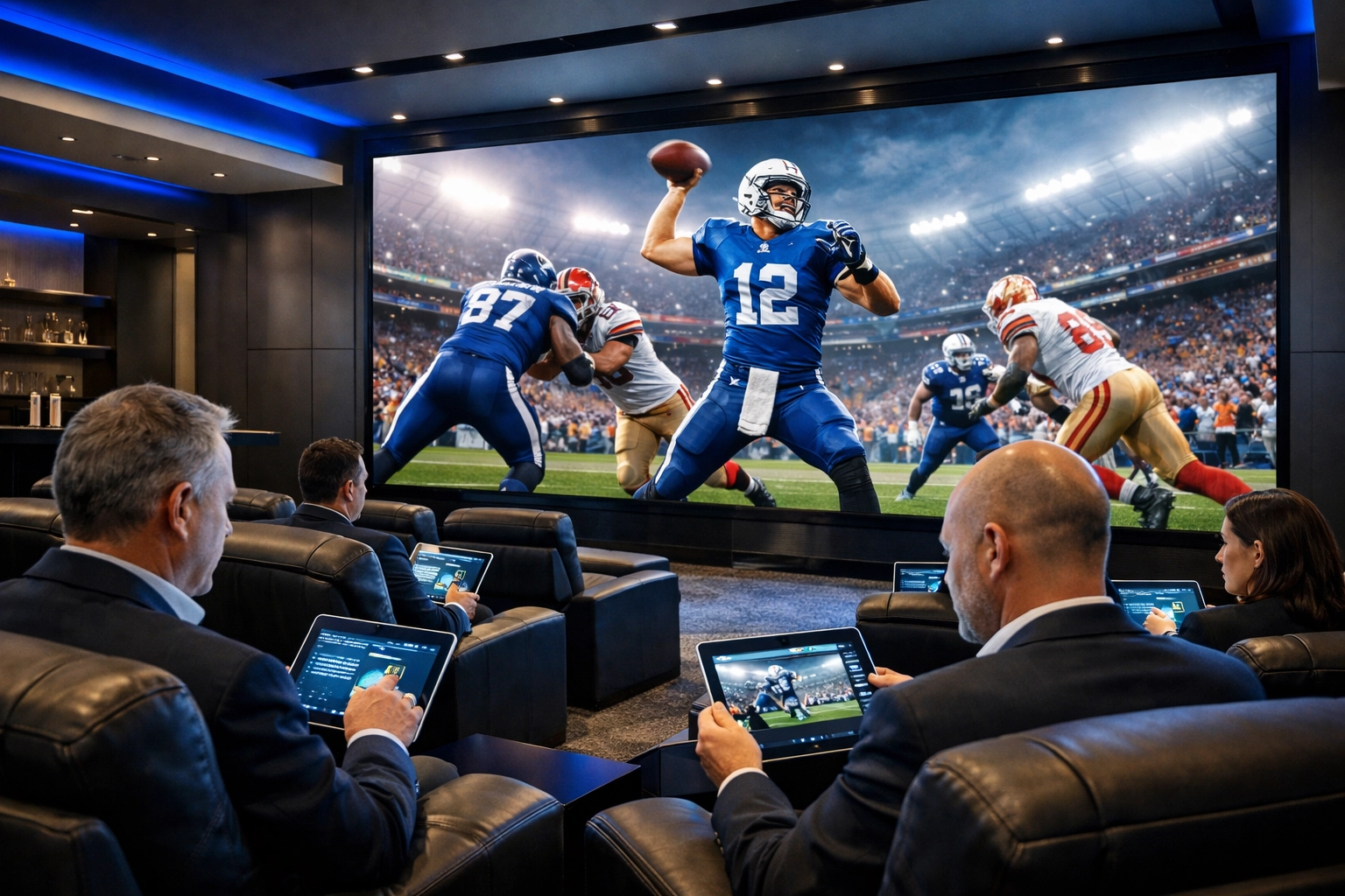 High-tech executive viewing theater with a large LED wall for an immersive Super Bowl brand presence and logistics.
