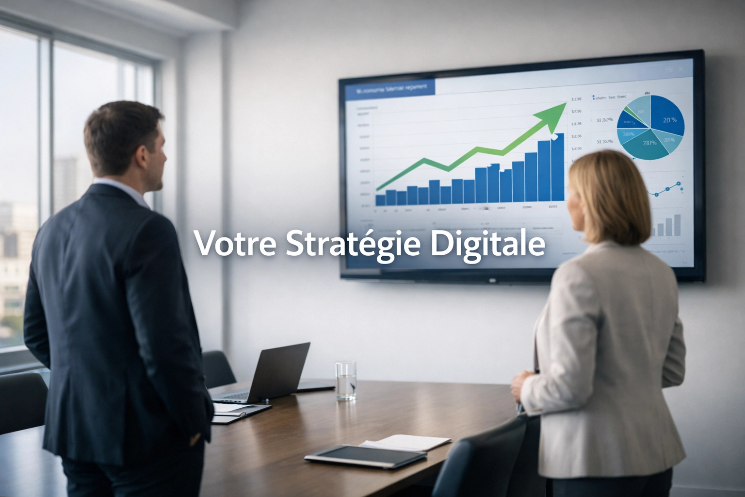Professionnels analysant un rapport de données pour optimiser une stratégie digitale d'entreprise.