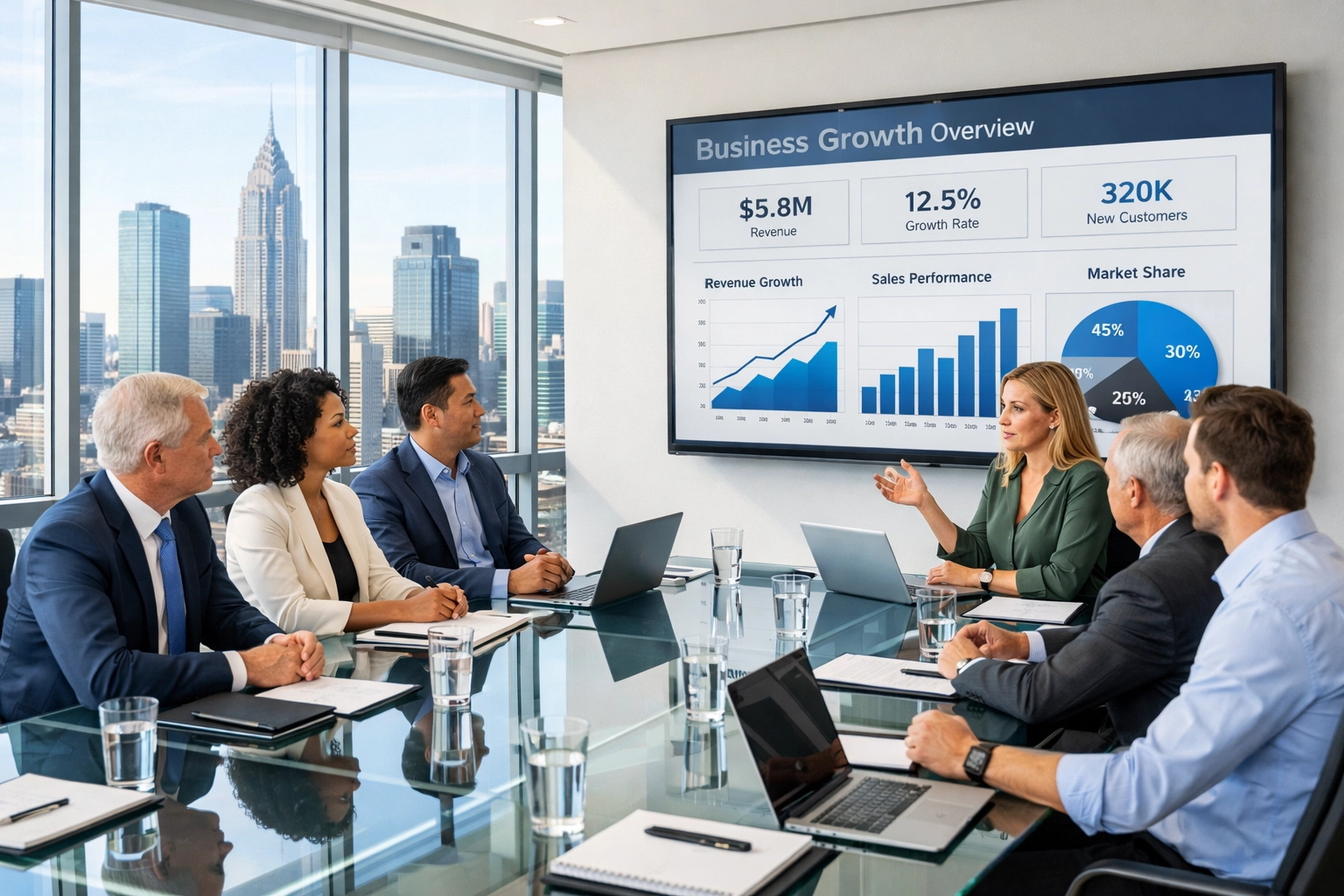 Executive team reviewing business analytics and ROI metrics in corporate boardroom