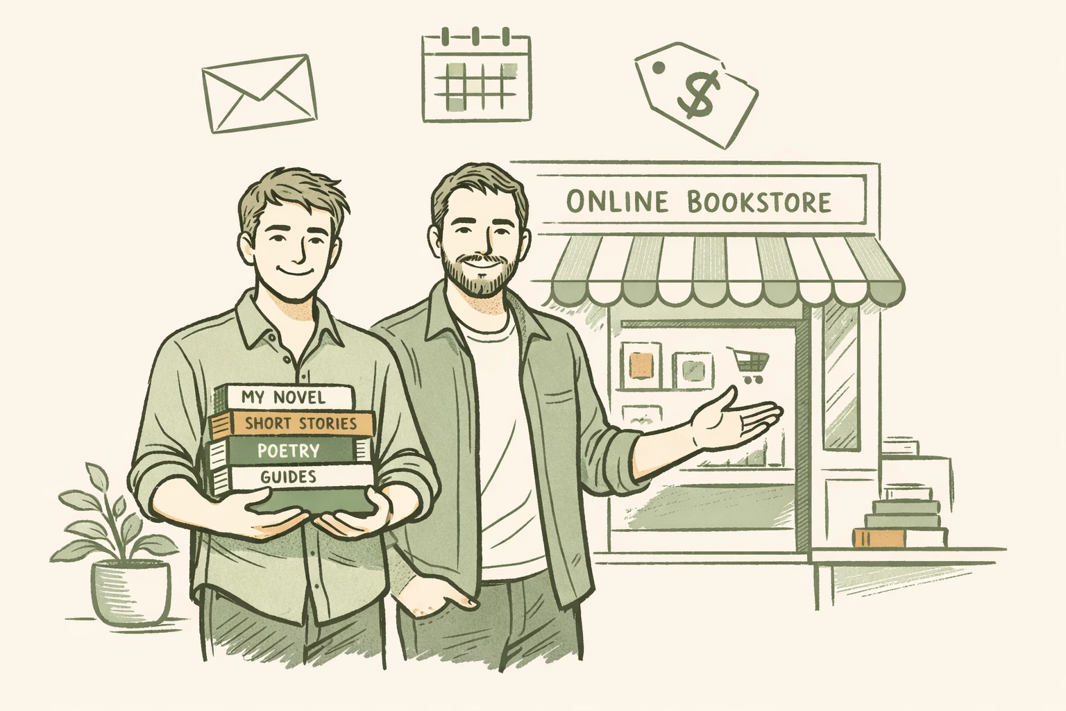 Gay romance author at branded bookstore with direct sales tools and book collection