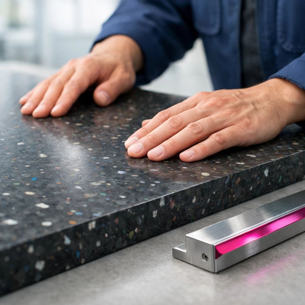 Quality inspection of an Australian-made 100% recycled plastic sheet in a modern manufacturing facility.