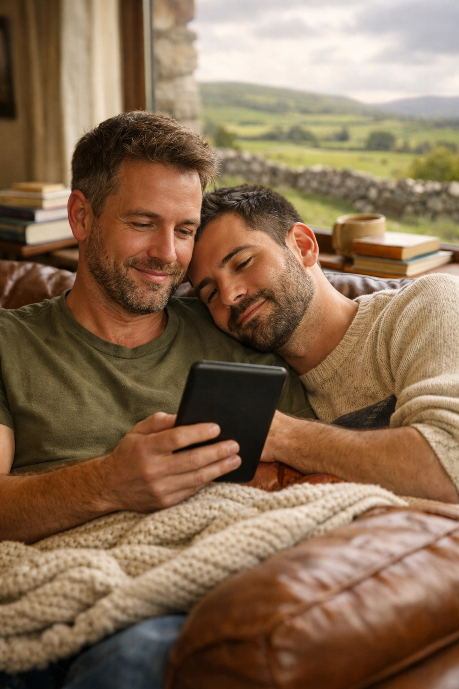 Gay couple reading MM romance books on an e-reader inside a cozy cottage overlooking the Irish countryside.