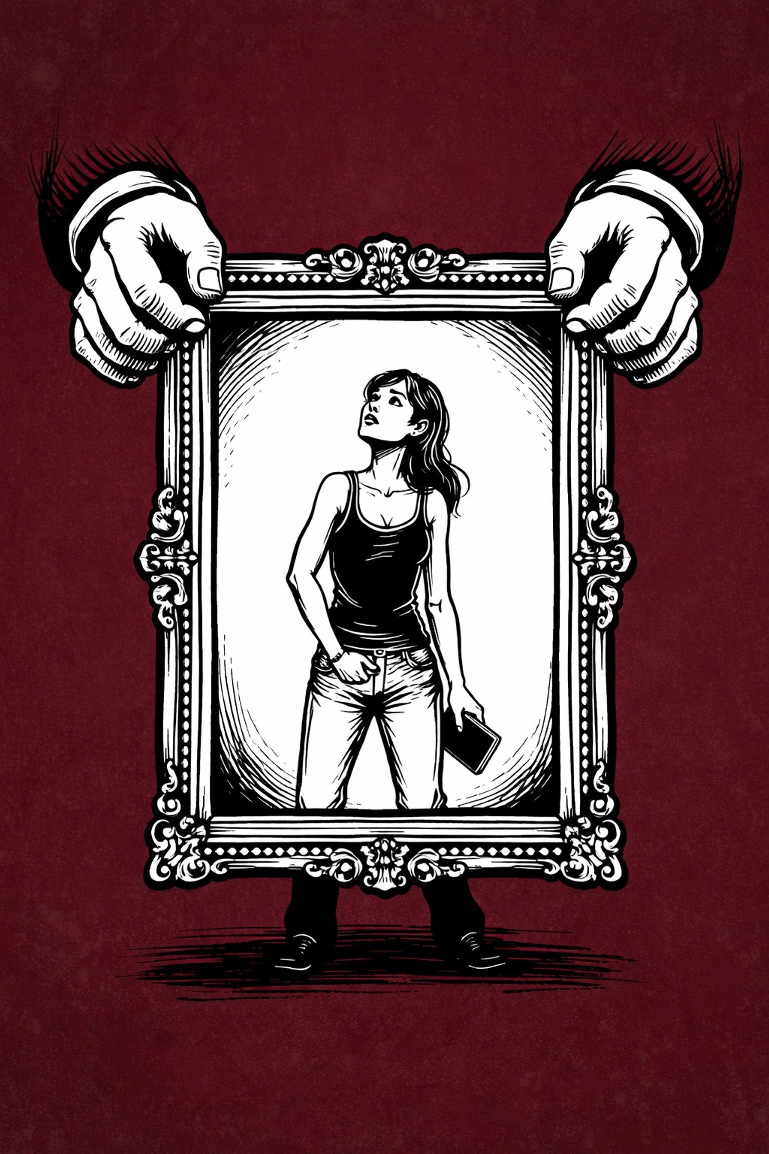 Sketch of a creative professional inside a large frame held by corporate hands, symbolizing talent ownership in the creator economy