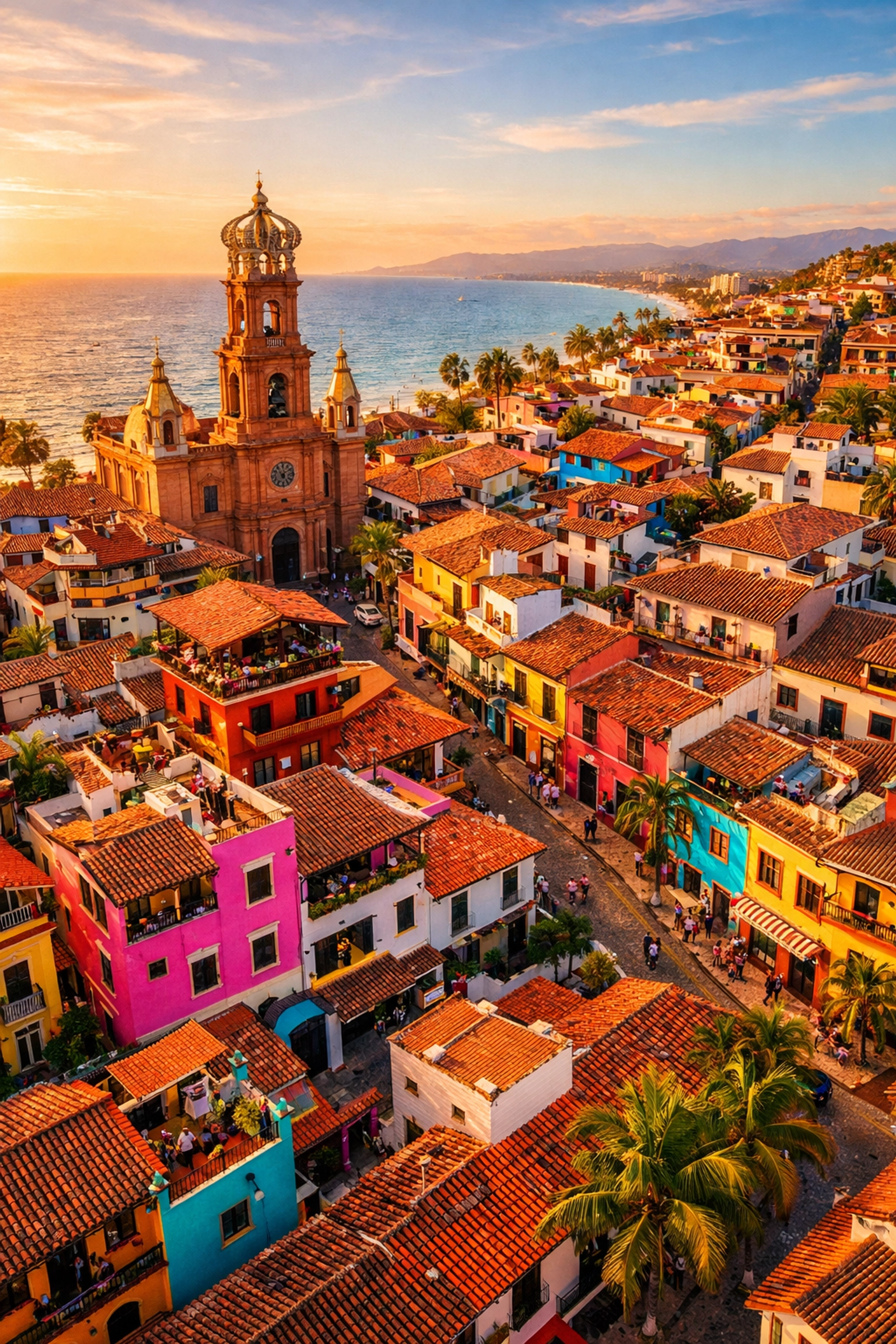 Aerial view of colorful Old Town Puerto Vallarta with cobblestone streets and ocean views