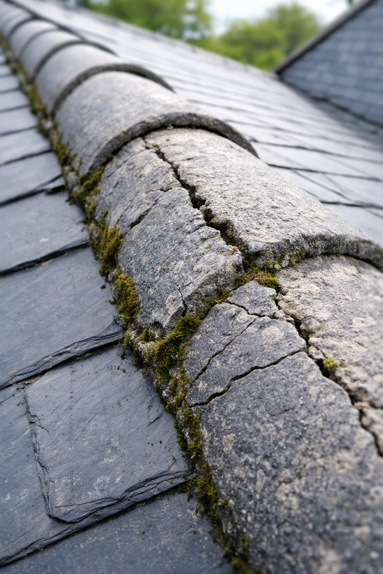 Close-up of cracked mortar ridge tiles on a Belfast roof showing damage from weather exposure