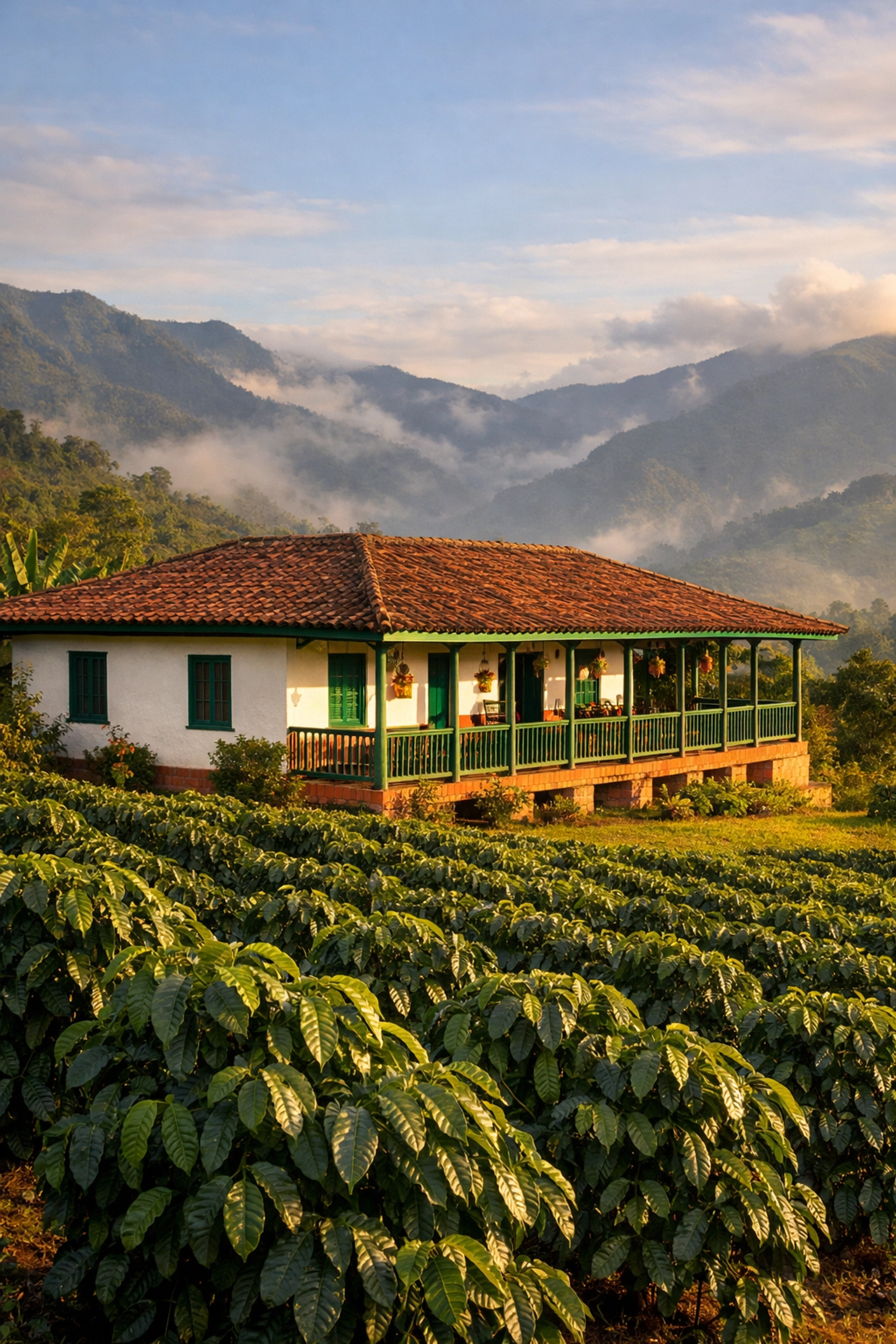 Traditional coffee finca in Manizales countryside with coffee plants and Andean mountain backdrop