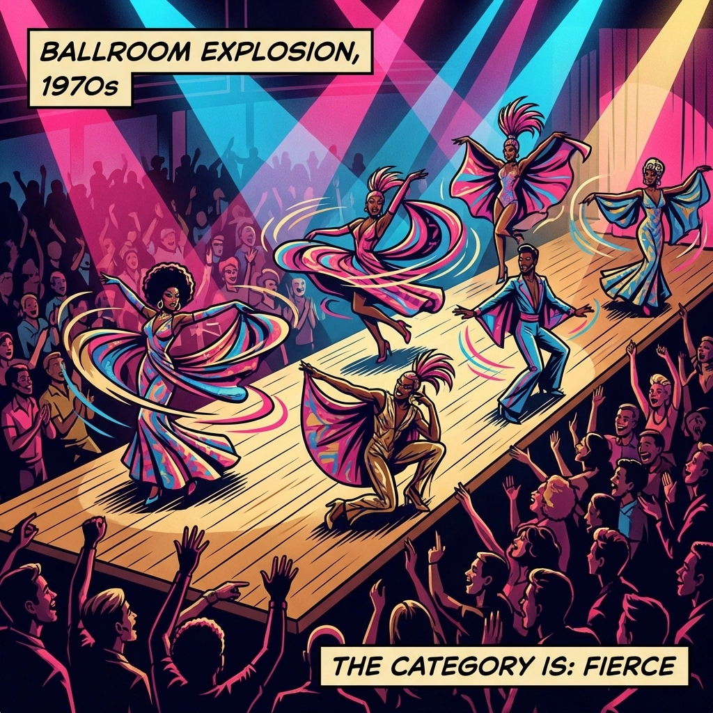 Crystal LaBeija ballroom culture scene with drag queens voguing in 1970s Harlem drag house competition