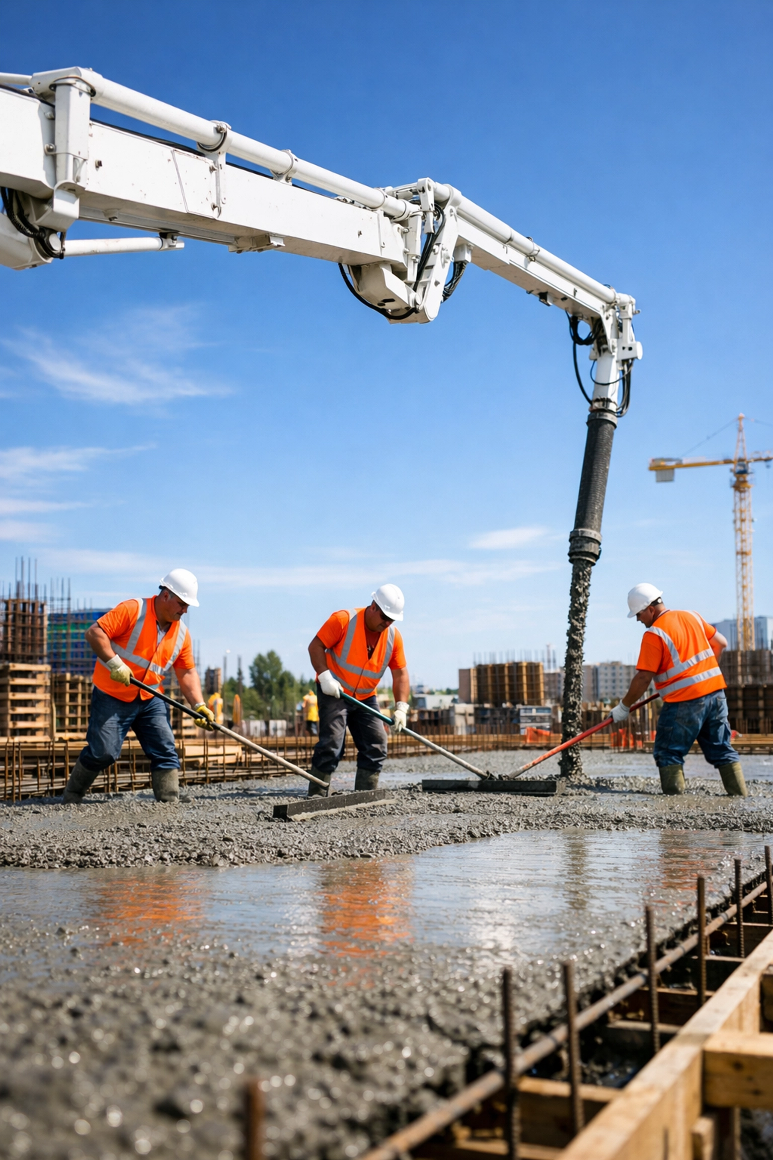 Efficient construction crew leveling concrete poured by a pump truck to reduce labor costs on a professional site.