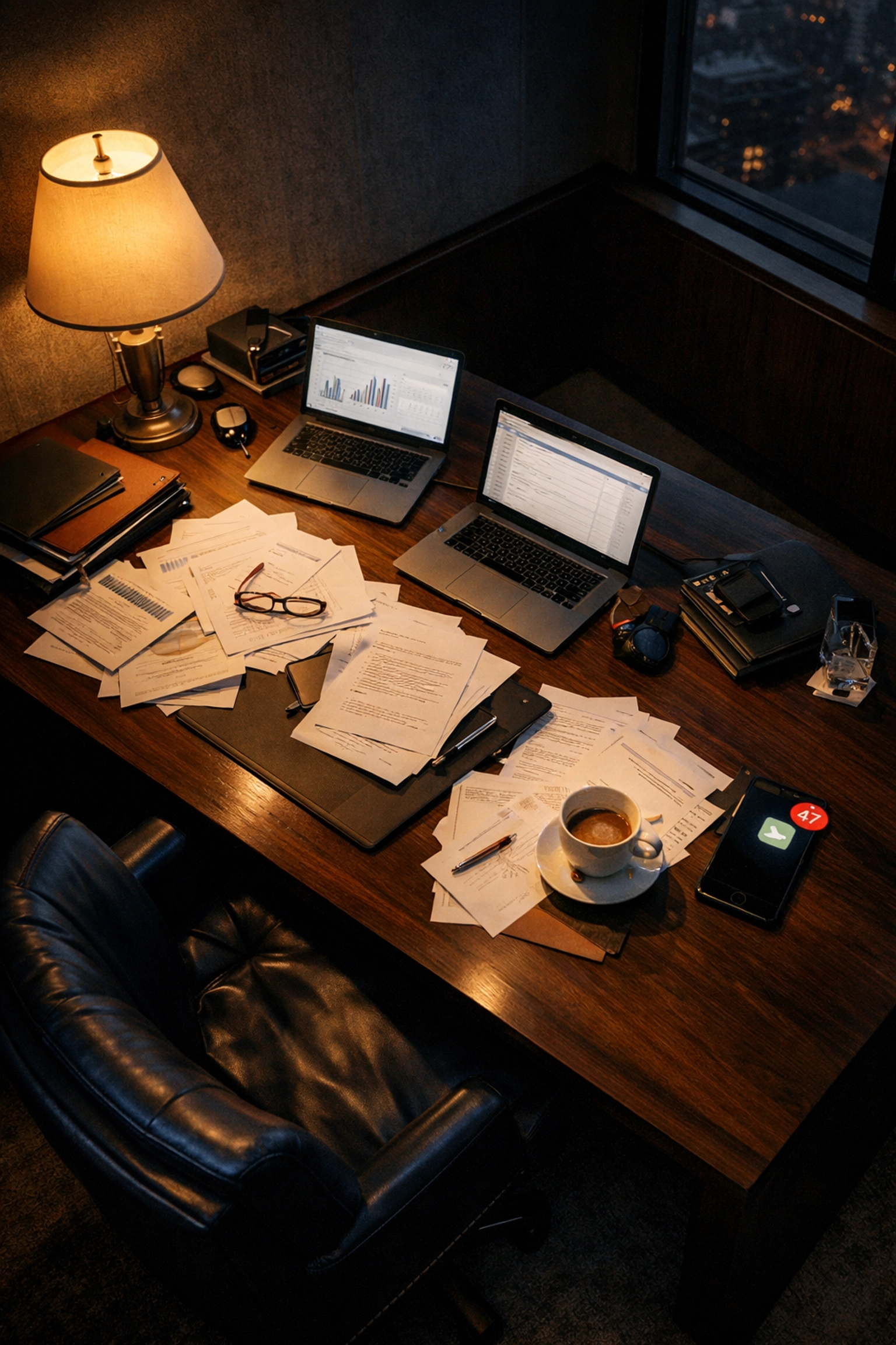 Overwhelmed CEO's desk showing scattered papers and multiple laptops representing executive burnout