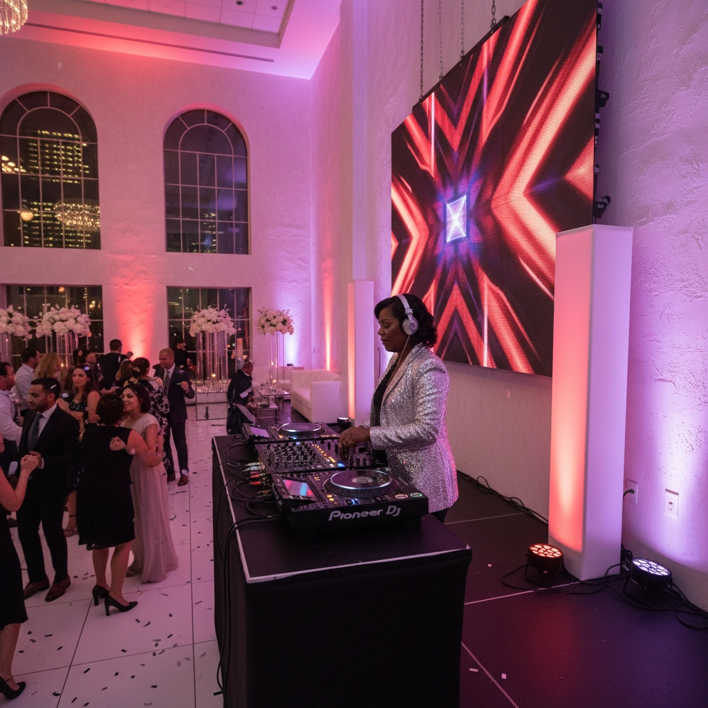DJ in a silver jacket mixes music at a vibrant party. Guests dance in a hall with tall windows and a large LED screen displaying colorful patterns.