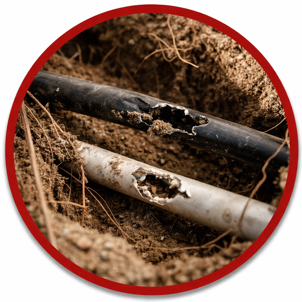 Close-up of damaged irrigation pipes and drip lines from gopher activity in Coolidge backyard