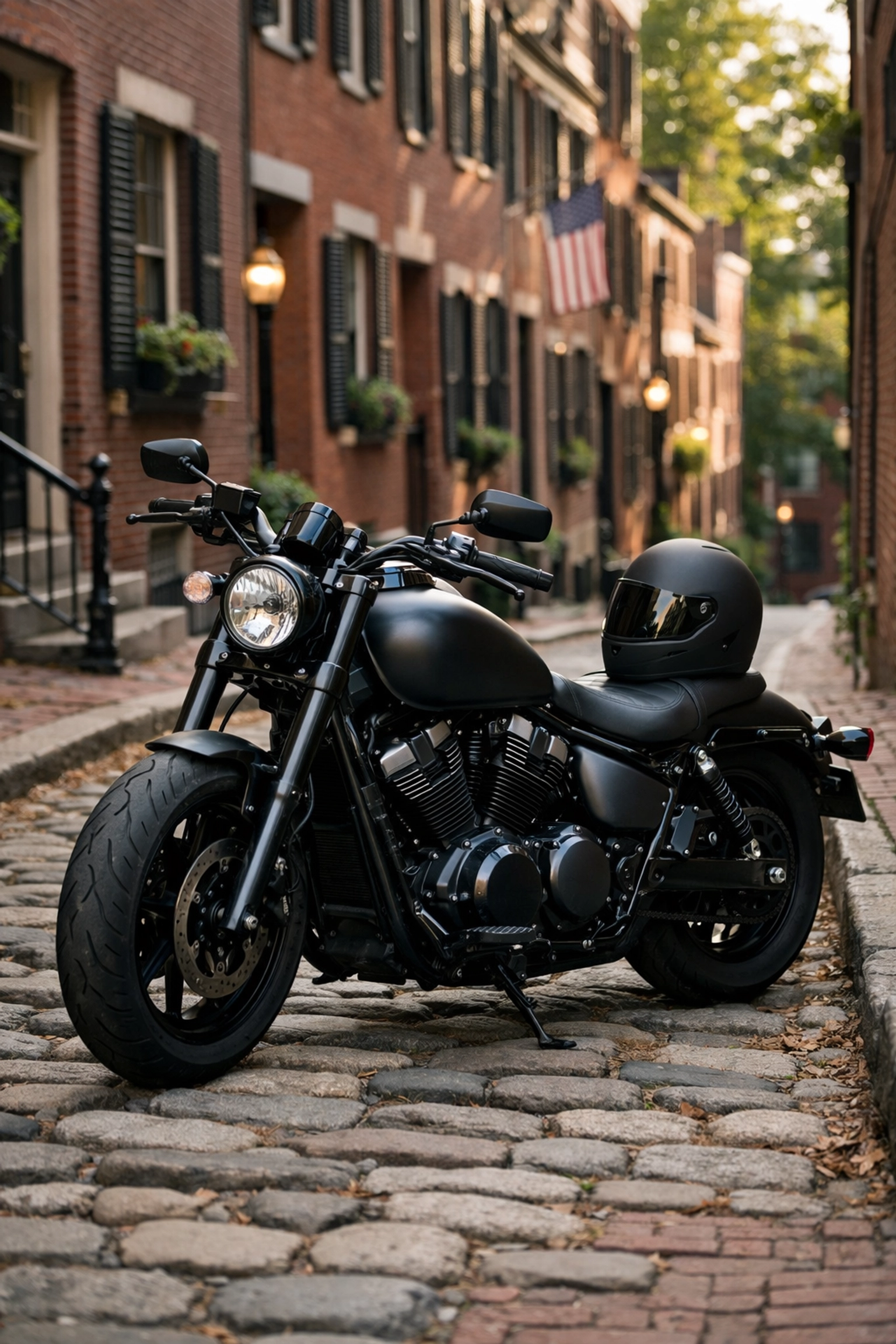 Black cruiser motorcycle parked on a Beacon Hill street, representing Massachusetts motorcycle accident rights.