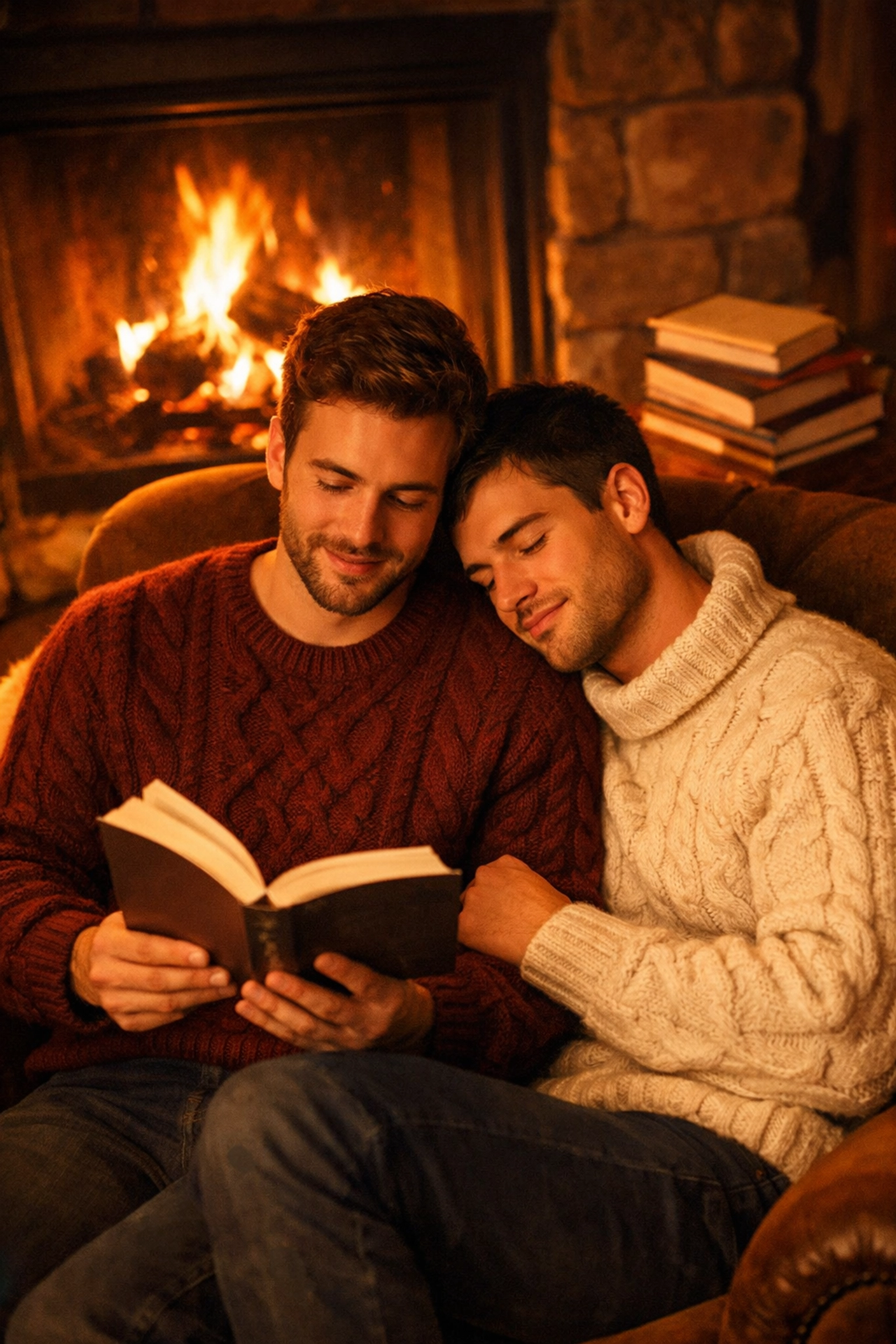 Two men reading MM romance together by cozy fireplace in winter