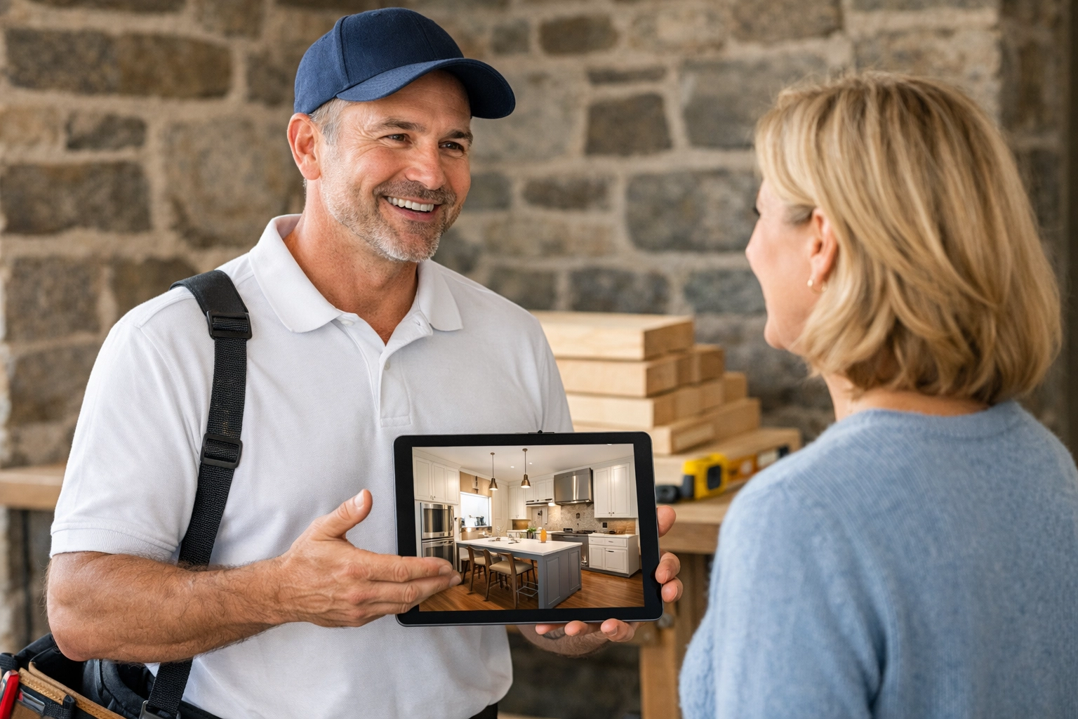 A local Bucks County contractor showing a modern kitchen design render to a homeowner.