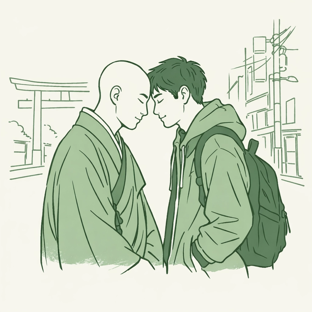 Minimalist illustration of a monk and a modern man in Shinjuku Ni-chome representing queer identity.