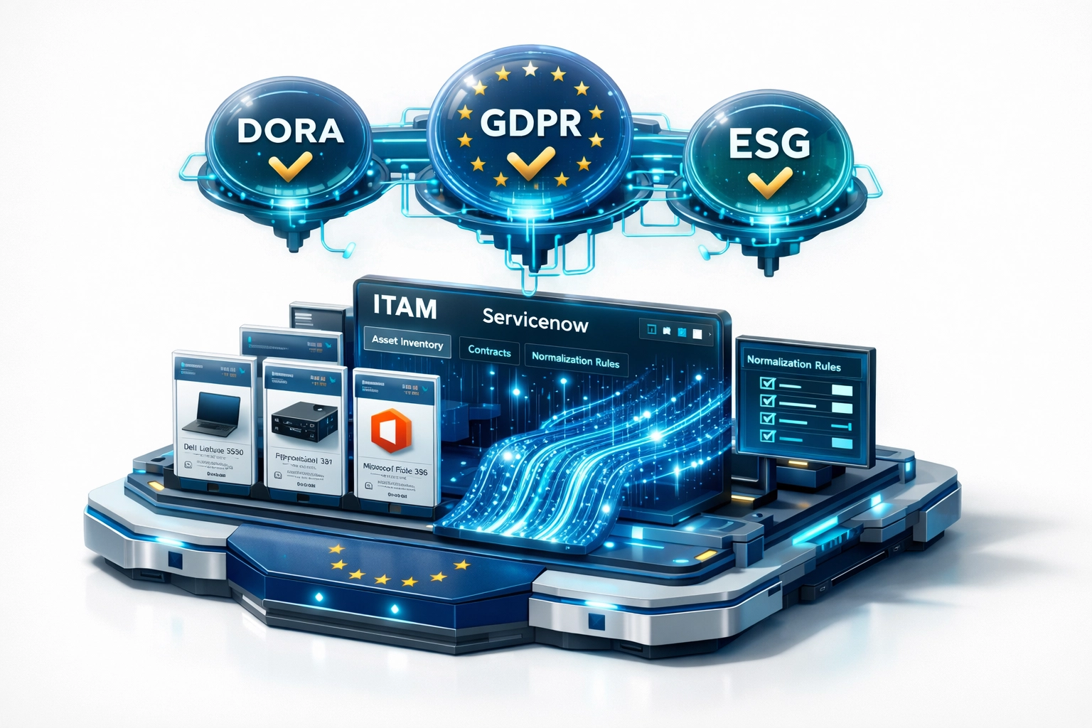 ITAM compliance dashboard showing DORA, GDPR, and ESG regulatory framework integration for ServiceNow