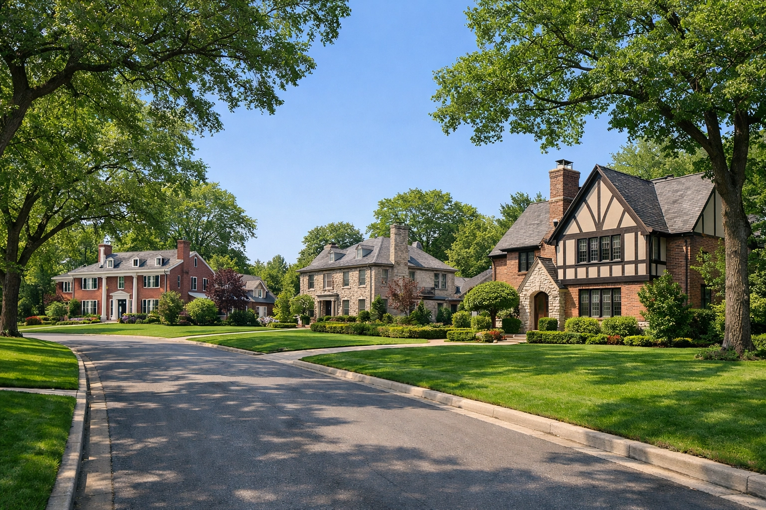 Traditional brick homes and manicured lawns on a quiet residential street in the Chicago North Shore suburbs.