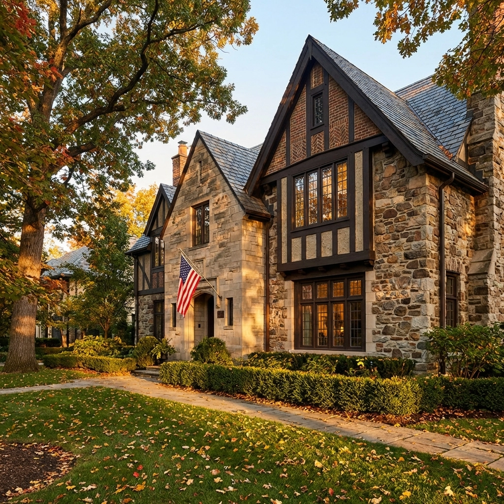 1920s Tudor Revival home in Chicago's North Shore with limestone and fieldstone exterior, mature trees, and manicured lawn.