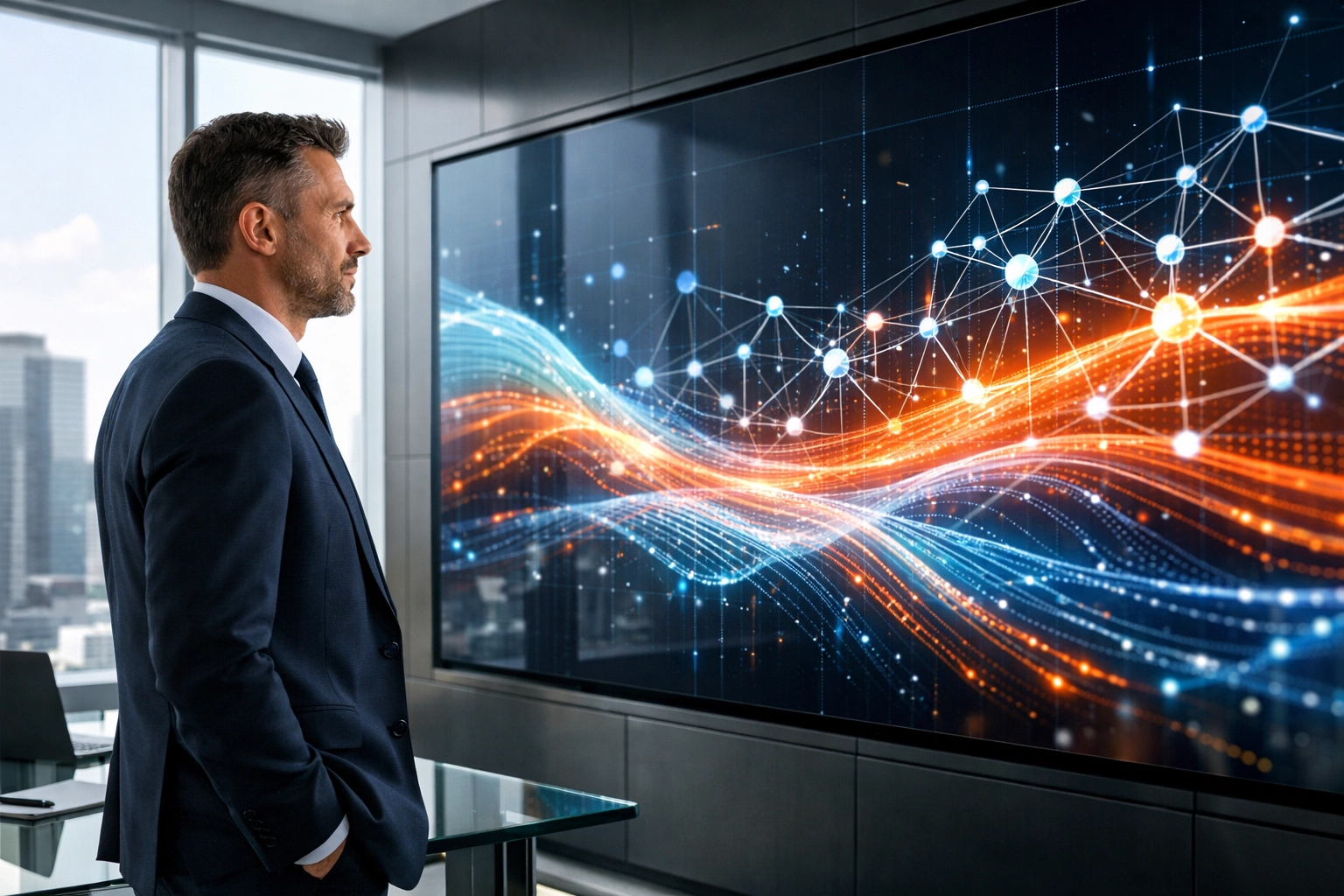 Executive analyzing real-time data dashboards in a modern office to improve workforce strategy.