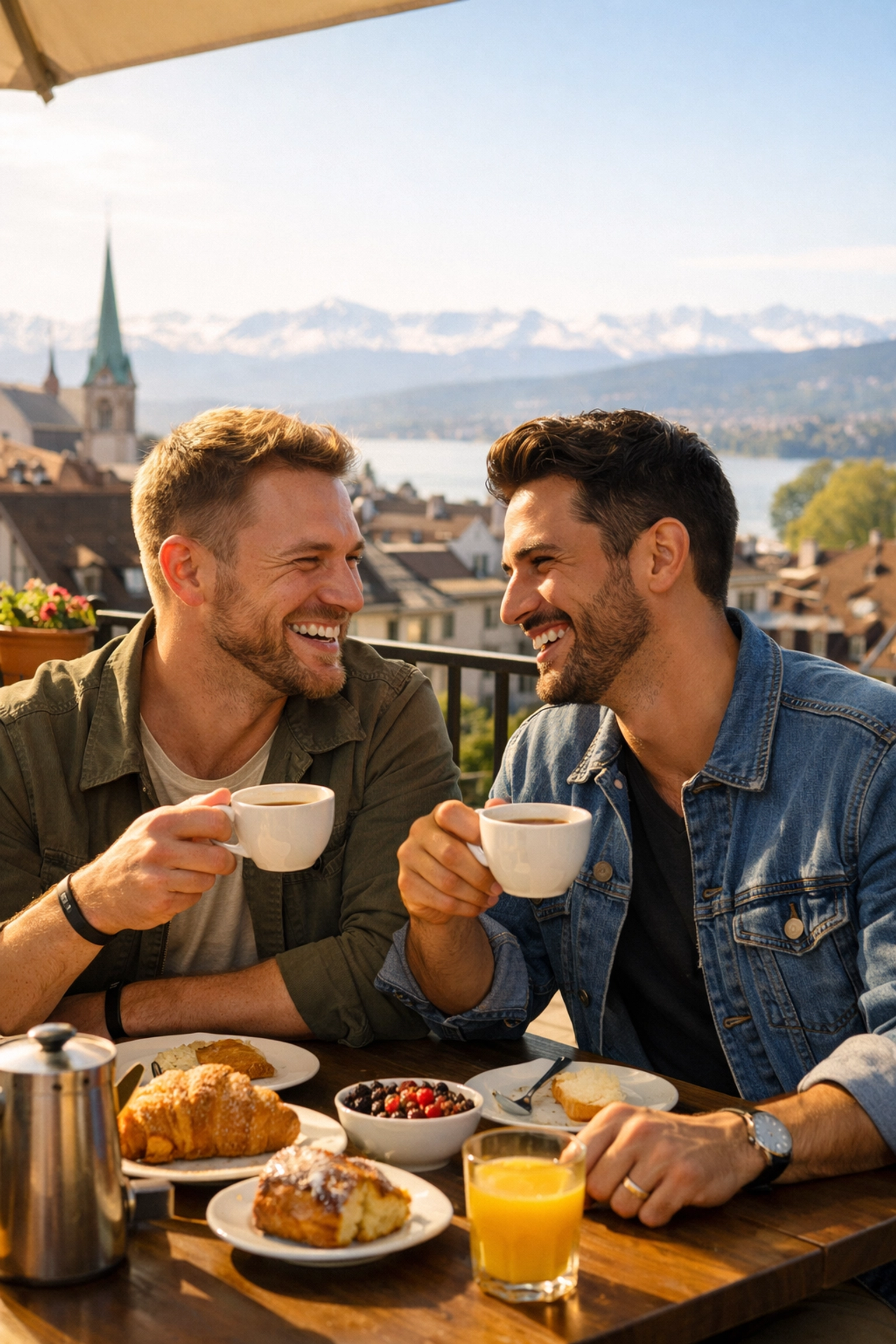Gay couple enjoying coffee and brunch at Zurich café with Swiss Alps view
