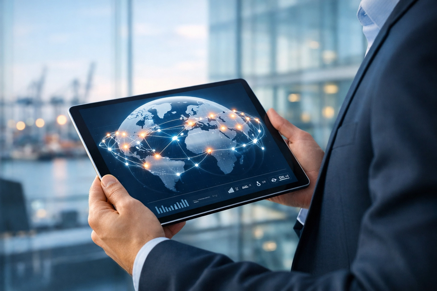 Real-time shipping visibility on a tablet for tracking maritime routes and managing 2026 port backlogs.