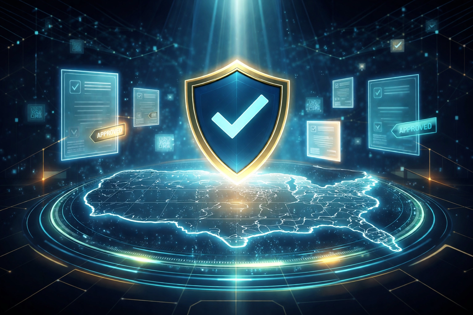 US compliance checkpoint and shield symbolize secure, legal crypto payments for American small businesses.