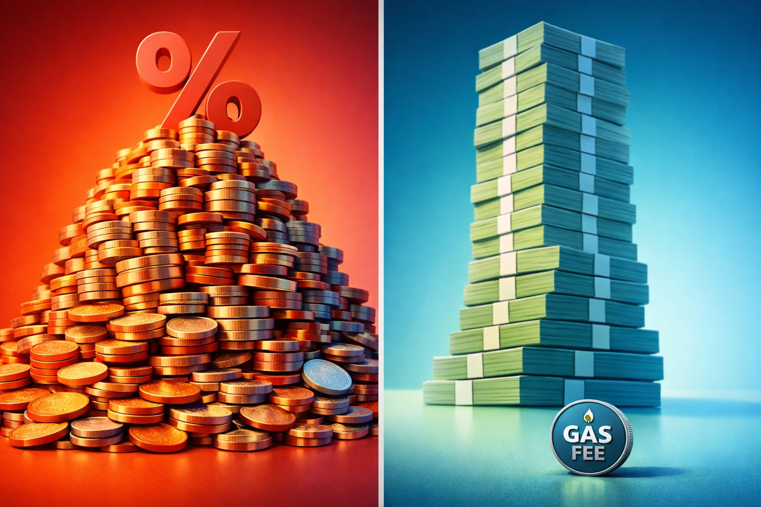 Gas fee vs percentage fee comparison showing crypto payment cost savings