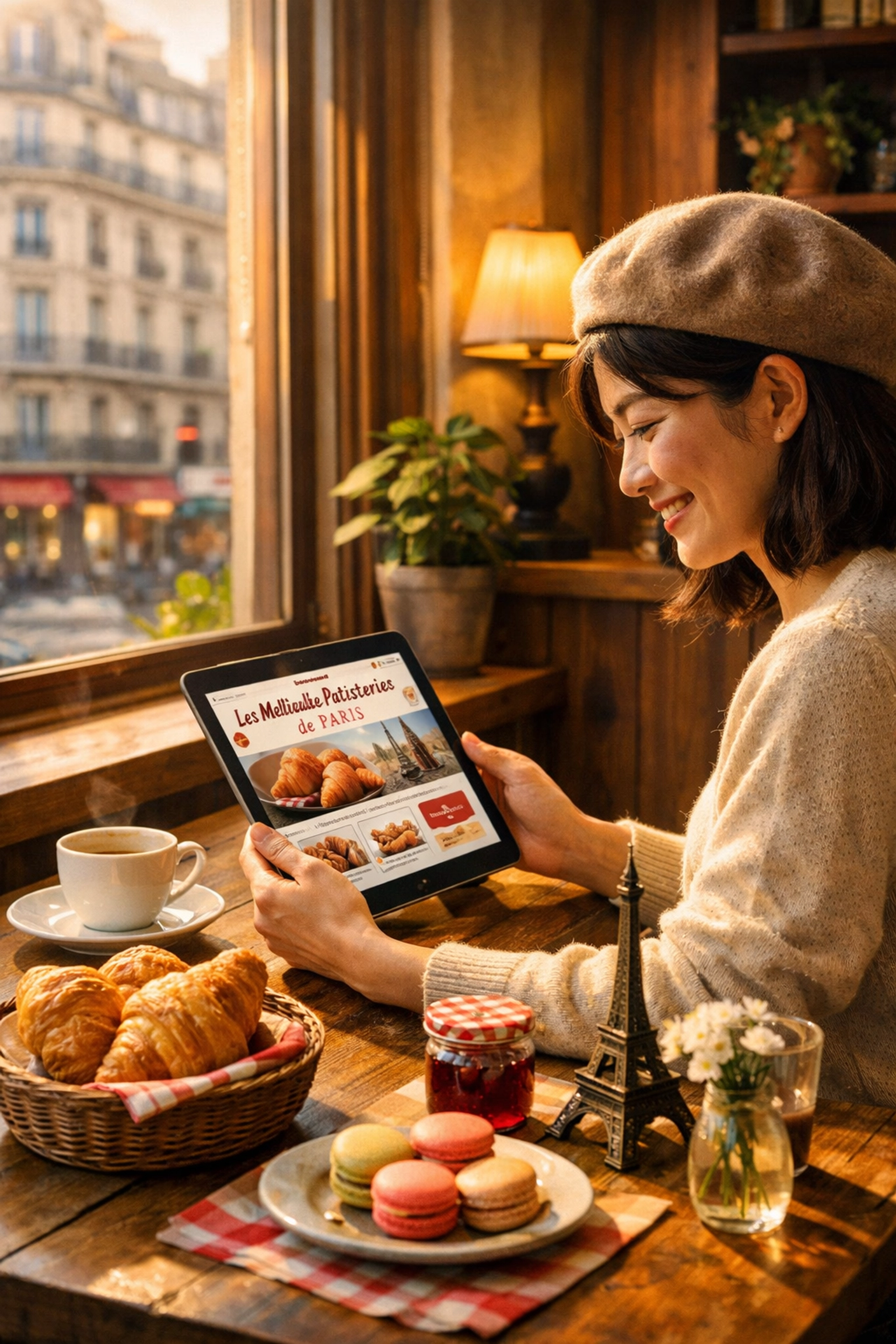 A customer in a cafe viewing a localized website on a tablet, showing how localization builds international market trust.