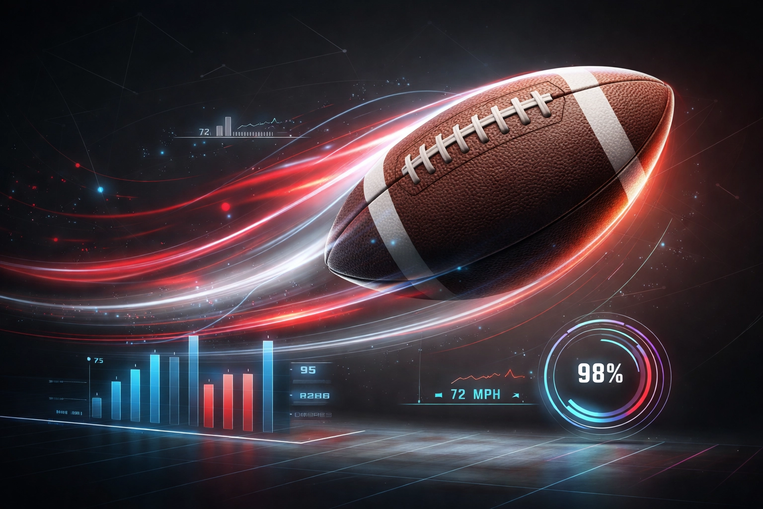 Football soaring through the air with scarlet and white motion trails, surrounded by analytics graphics for Rutgers stats