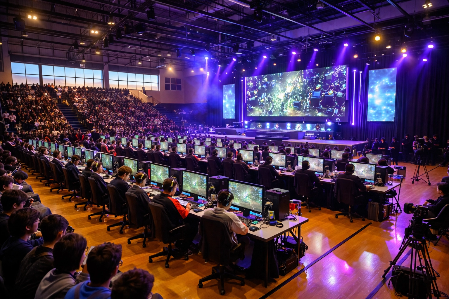 High school esports tournament venue with students competing at gaming stations and spectators watching