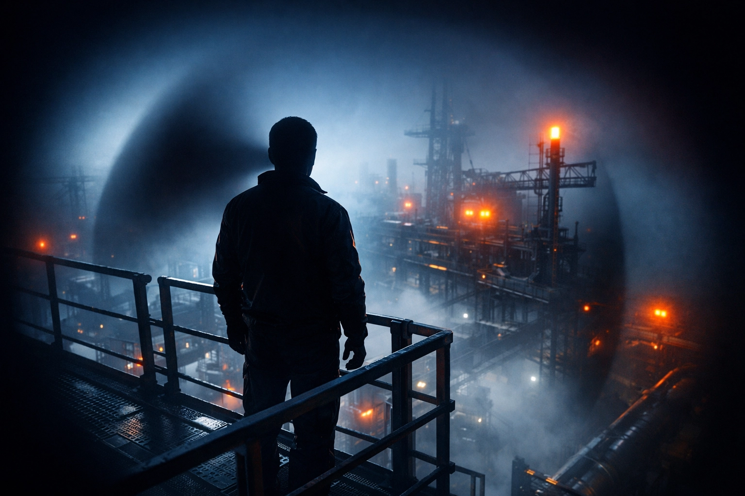 Worker silhouette on elevated platform with blind spot highlighting psychological safety vulnerability