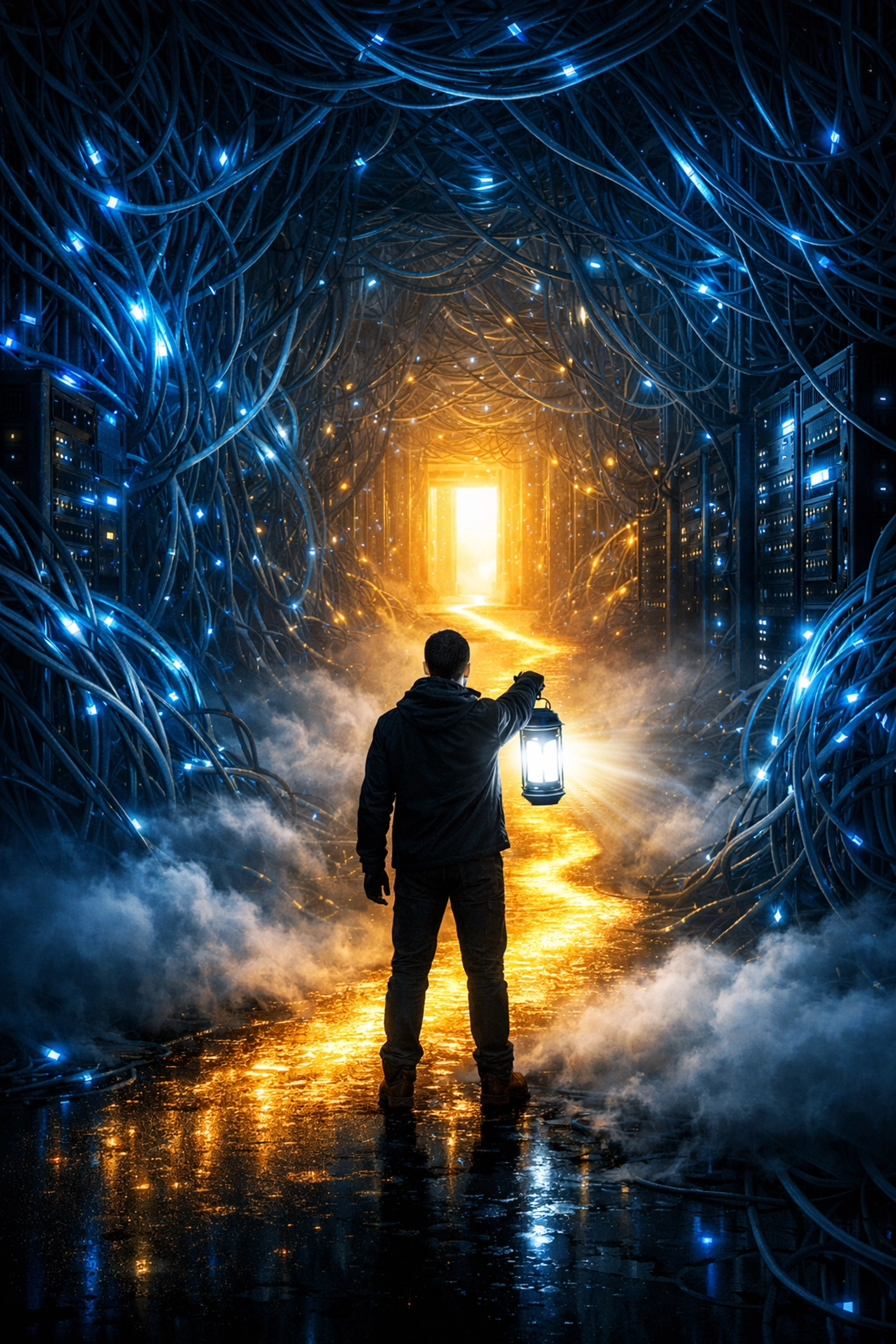 Person with a bright lantern finding a path through a dark server room, representing observability clarity.