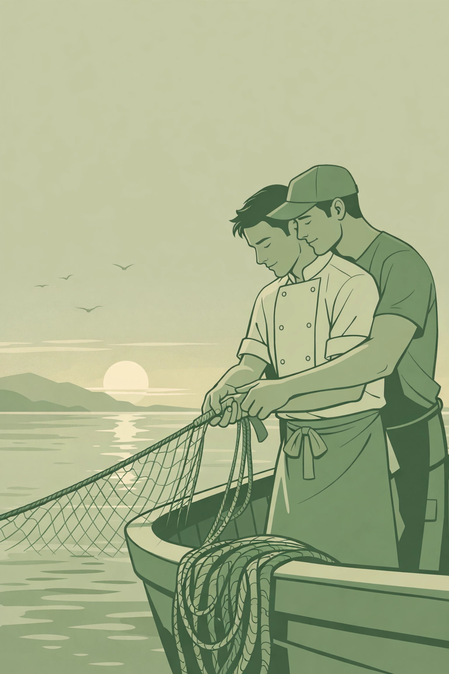 Chef learning to fish from fisherman on boat in coastal MM romance