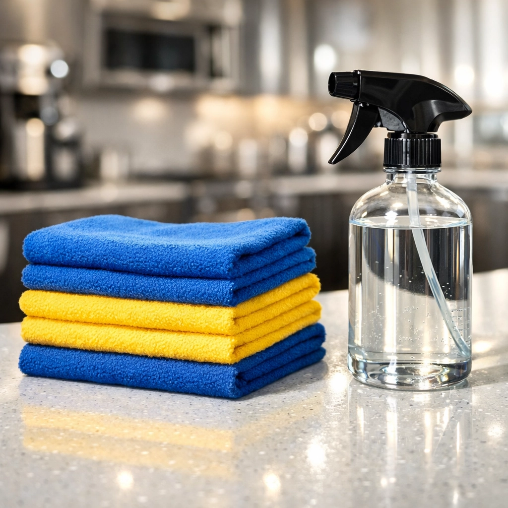 Organized blue and yellow cleaning cloths used for professional color-coded commercial cleaning in Franklin.